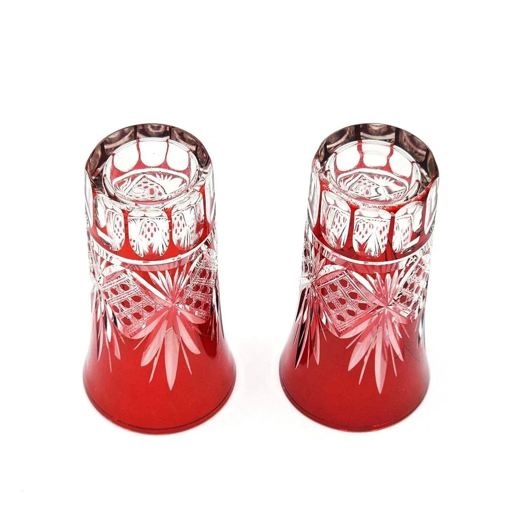 Vintage Bohemian Ruby Red Cut to Clear Crystal Tumbler Highball Glasses Pair